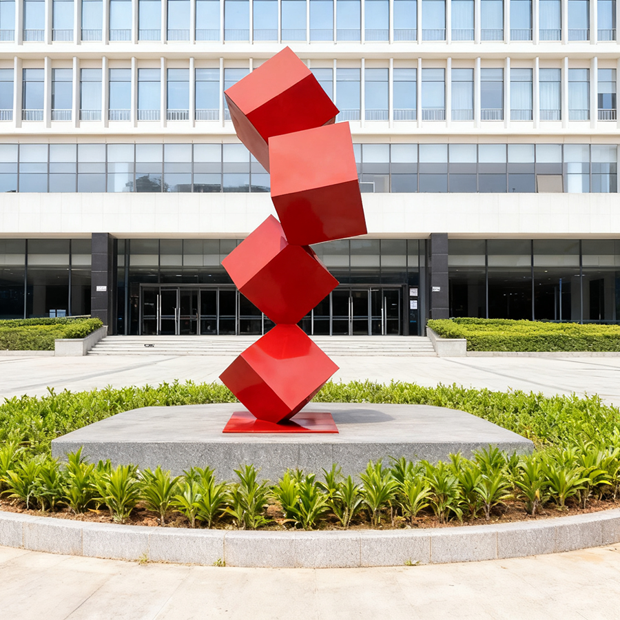 2 Meter Stainless Steel Red Cube Sculpture | Modern Outdoor Geometric Metal Artwork
