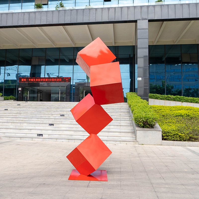 2 Meter Stainless Steel Red Cube Sculpture | Modern Outdoor Geometric Metal Artwork - Image 2