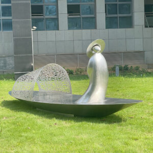 Stainless Steel Boat & Figure Sculpture for Landscape | Modern Outdoor Lakeside Art Installation