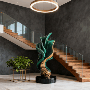Fiberglass Abstract Sculpture – Modern Green & Gold Interior Decoration