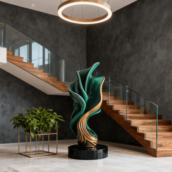 Fiberglass Abstract Sculpture – Modern Green & Gold Interior Decoration