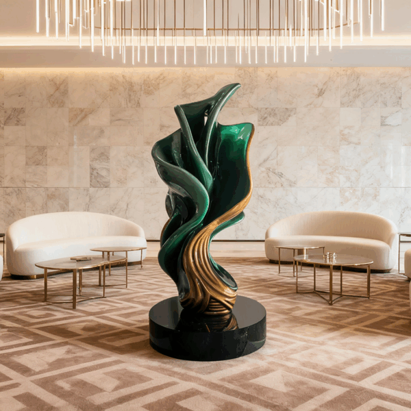 Fiberglass Abstract Sculpture – Modern Green & Gold Interior Decoration - Image 2