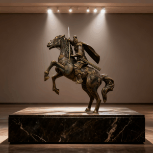 war-horse sculpture 1 Bronze-Style Fiberglass Warrior on Horseback Sculpture | Heroic Equestrian Statue for Interior Décor