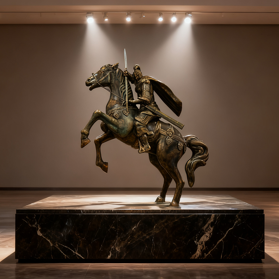 Bronze-Style Fiberglass Warrior on Horseback Sculpture | Heroic Equestrian Statue for Interior Décor