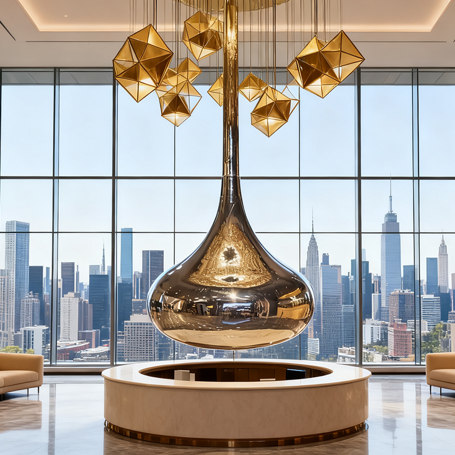 Stainless Steel Suspended Sculpture 6.2m | Mirror Polished Hanging Artwork for Luxury Lobby Decoration