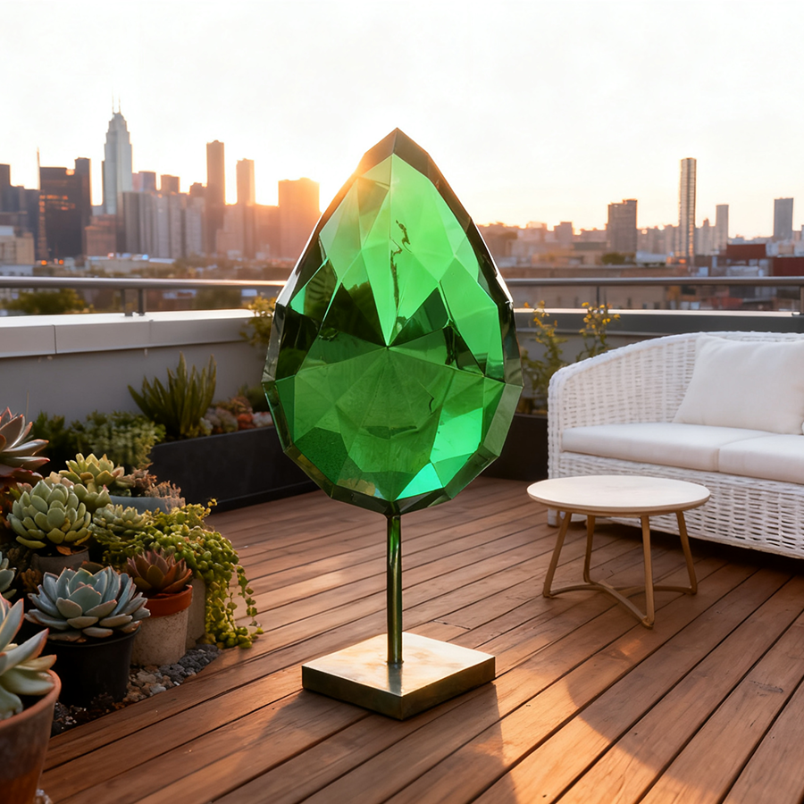 Modern Stainless Steel Leaf Sculpture | Green Gemstone Metal Art for Garden & Interior Decoration - Image 2
