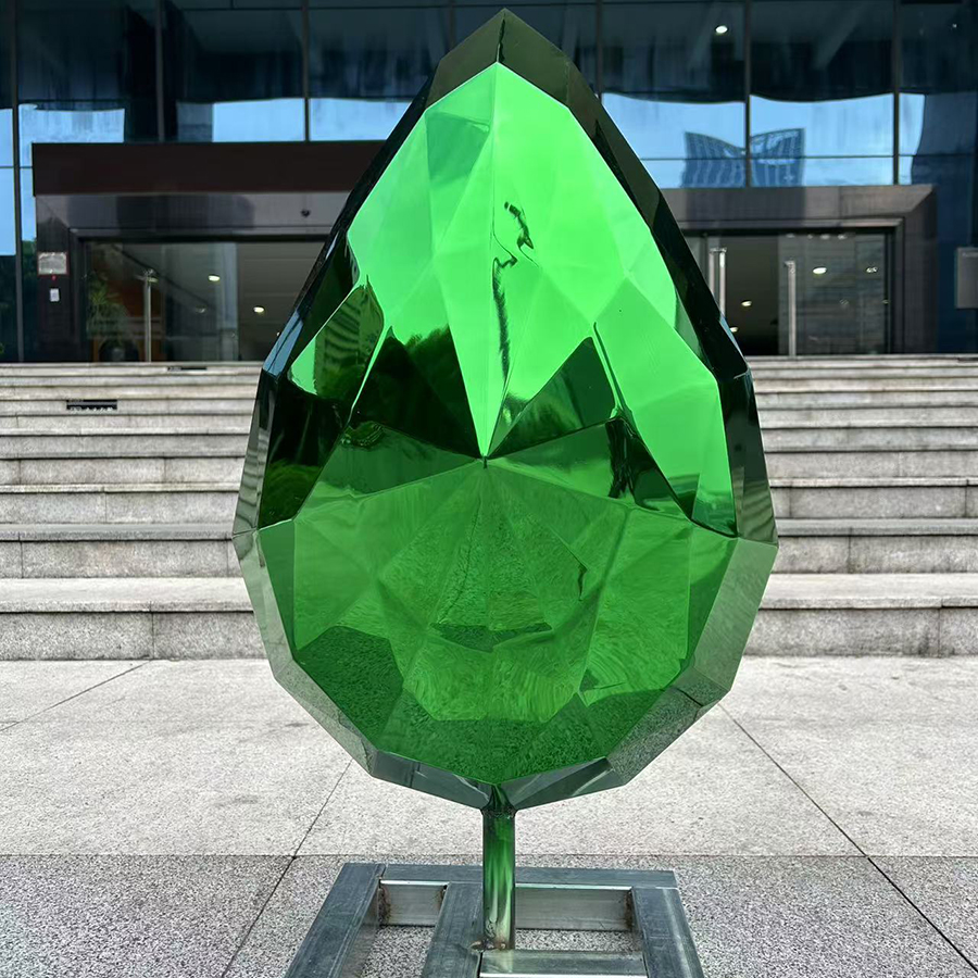 Modern Stainless Steel Leaf Sculpture | Green Gemstone Metal Art for Garden & Interior Decoration - Image 3