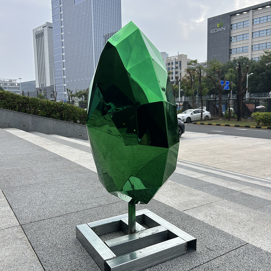 Modern Stainless Steel Leaf Sculpture | Green Gemstone Metal Art for Garden & Interior Decoration - Image 5