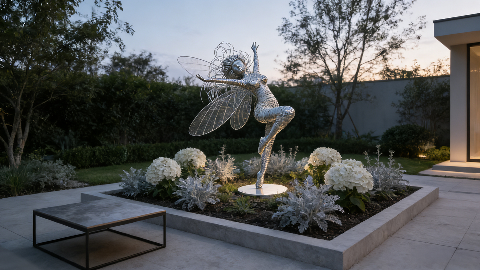 Stainless steel wire sculpture of a dancing fairy with wings, standing on one leg in a modern garden terrace setting, sunset lighting.