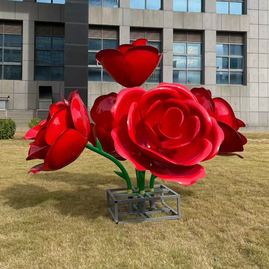 Large Red Rose Stainless Steel Sculpture for Outdoor Public Art & Commercial Landscapes