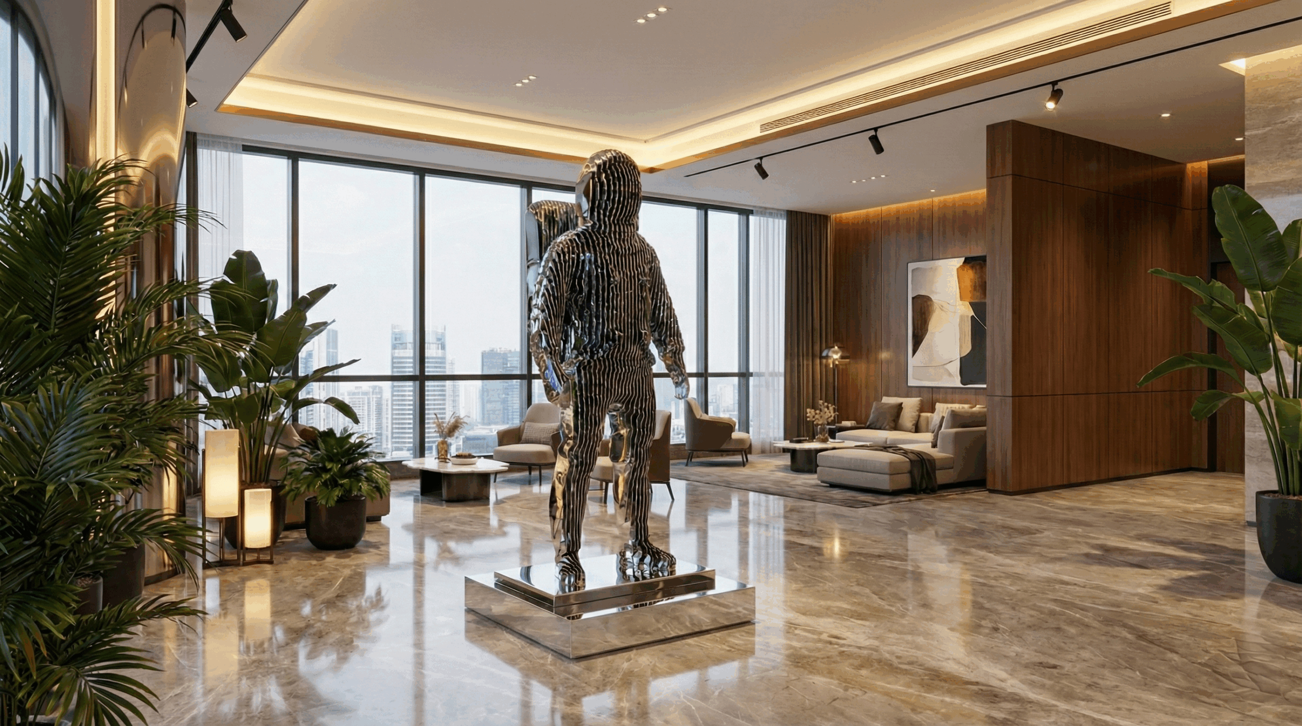 Mirror polished stainless steel astronaut sculpture displayed in modern office interior with city skyline view