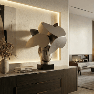 Steel Head Sculpture with Layered Petal Forms for Interior Décor 6 Abstract Stainless Steel Head Sculpture with Layered Petal Forms for Interior Décor