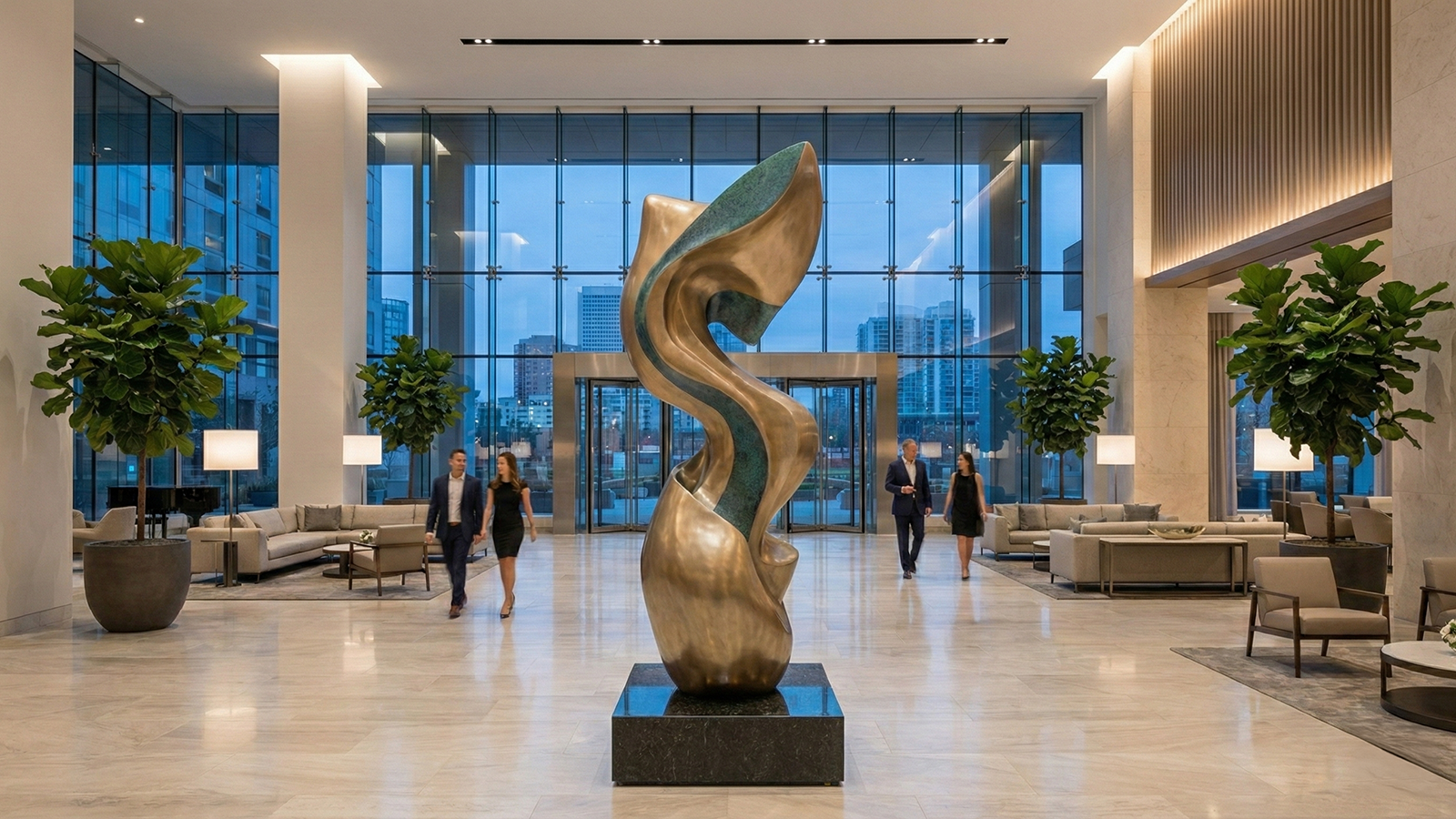 Abstract stainless steel sculpture installed in modern corporate lobby, custom metal art for commercial interior space