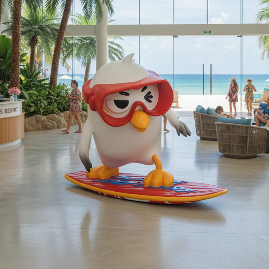 fiberglass cartoon surfing bird sculpture 1