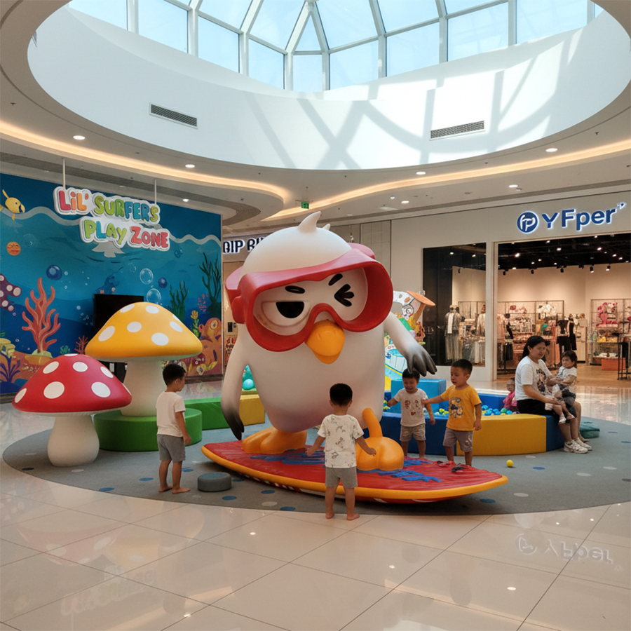 fiberglass cartoon surfing bird sculpture 3